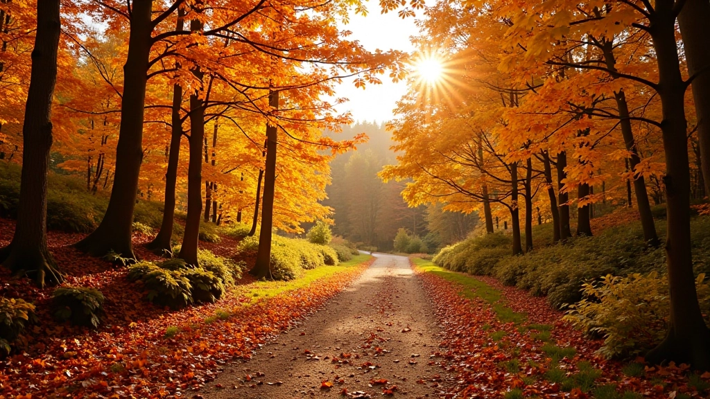 Autumn forest path with golden and red foliage, trees overhead creating canopy of fall colors