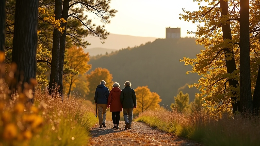 Older adults enjoying a scenic trail walk through historic Sigulda landscape with castle ruins visible on the hillside