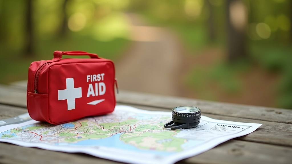 First aid kit and compass on hiking map with scenic background