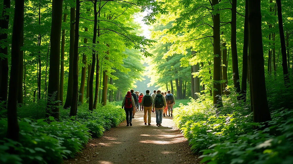 Busy hiking trail with multiple visitors walking through lush green forest canopy in bright daylight