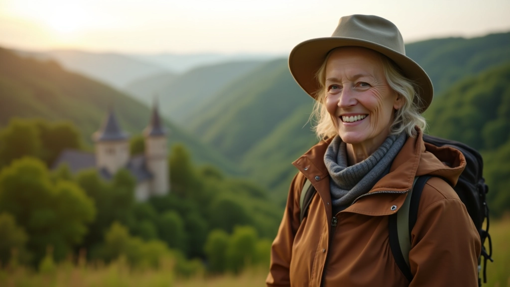Scenic hilltop viewpoint overlooking green valleys with castle ruins visible in distance, older adult on peaceful hiking trail