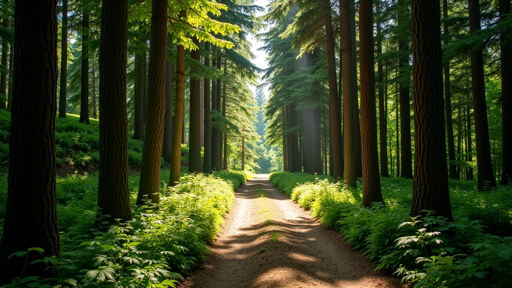 Forest trail with dappled sunlight through trees