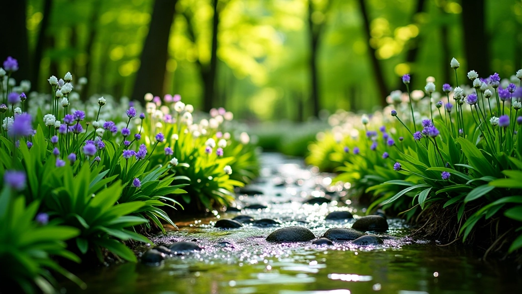 Forest stream with fresh green foliage and wildflowers blooming on the banks in spring