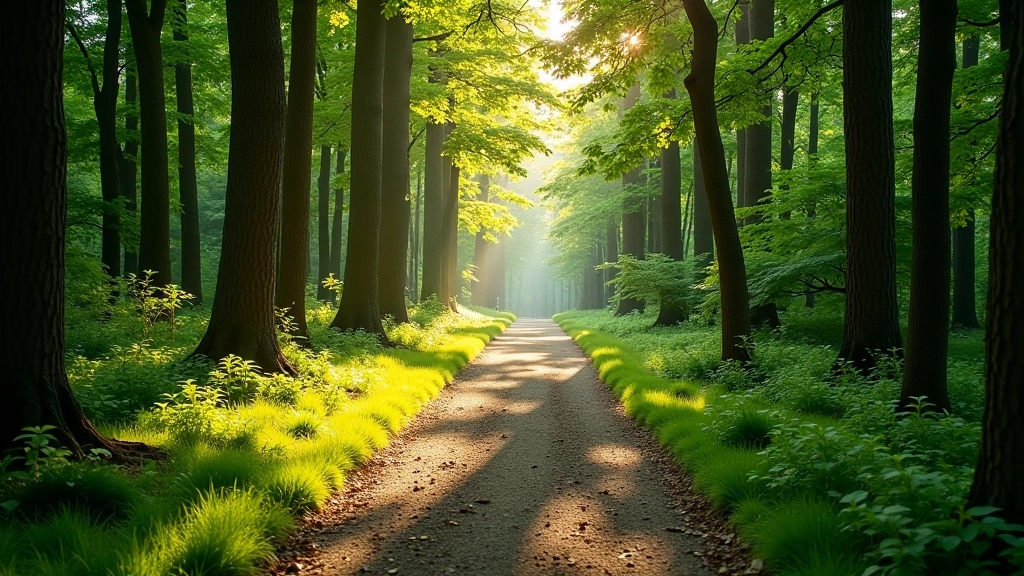Forest path through green woodland