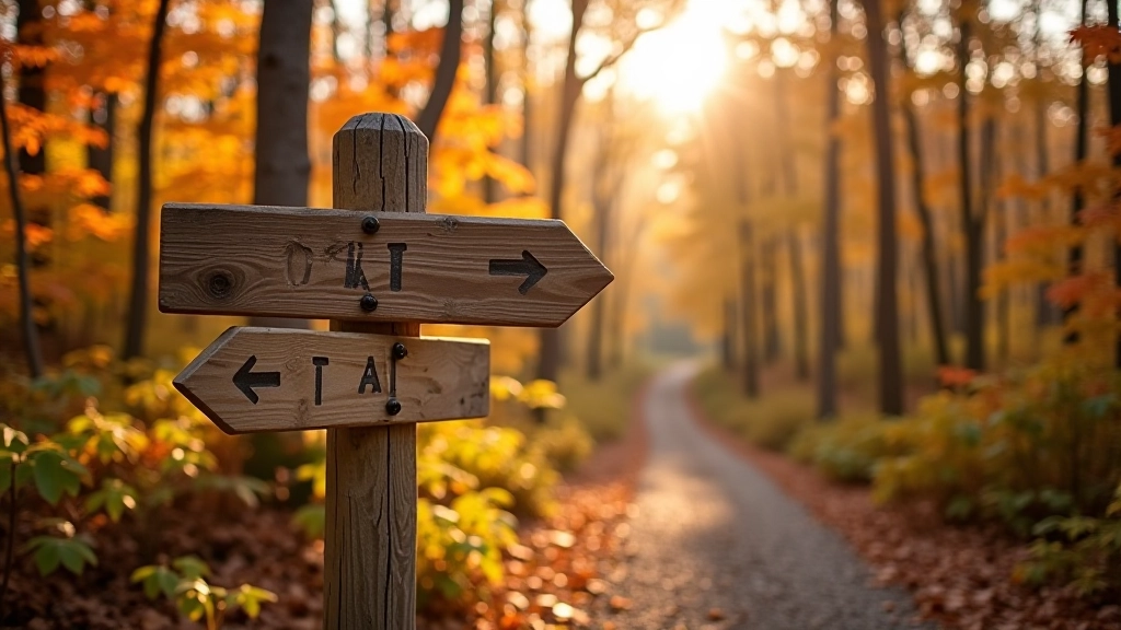Wooden trail signpost pointing toward castle viewpoint in autumn forest with golden foliage